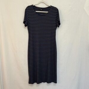 Y2K Indie Navy Blue Striped Ribbed Short Sleeve Bodycon T-Shirt Midi Dress 8/10
